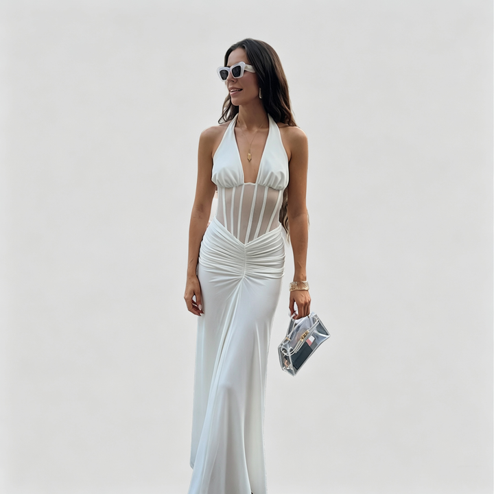The Elara Mesh Corset Halter Gown