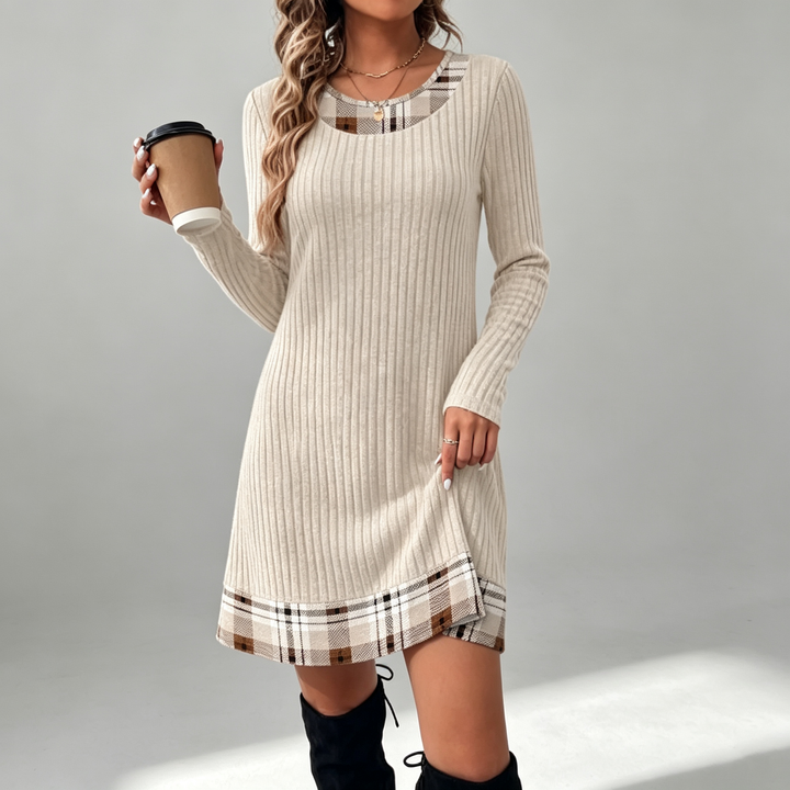 The Elara Plaid-Trim Ribbed Mini Dress