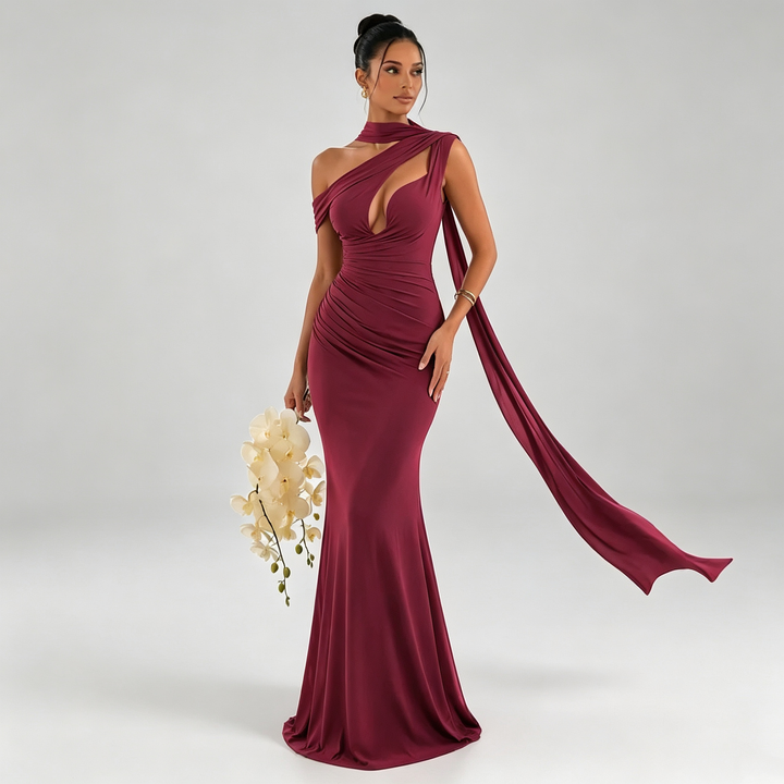 The Elara Riviera Scarf One-Shoulder Gown
