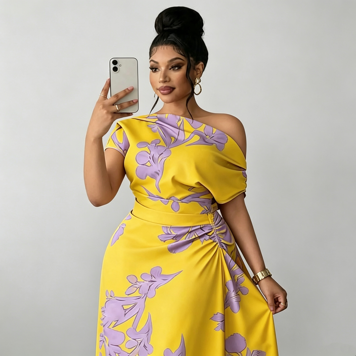 The Elara Asymmetrical Floral Draped Maxi Dress