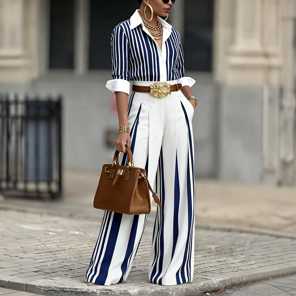 The Elara Old Money Striped Blouse & Palazzo Set