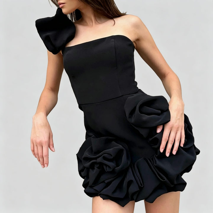 The Elara Sculpted Ruffle One Shoulder Mini Dress