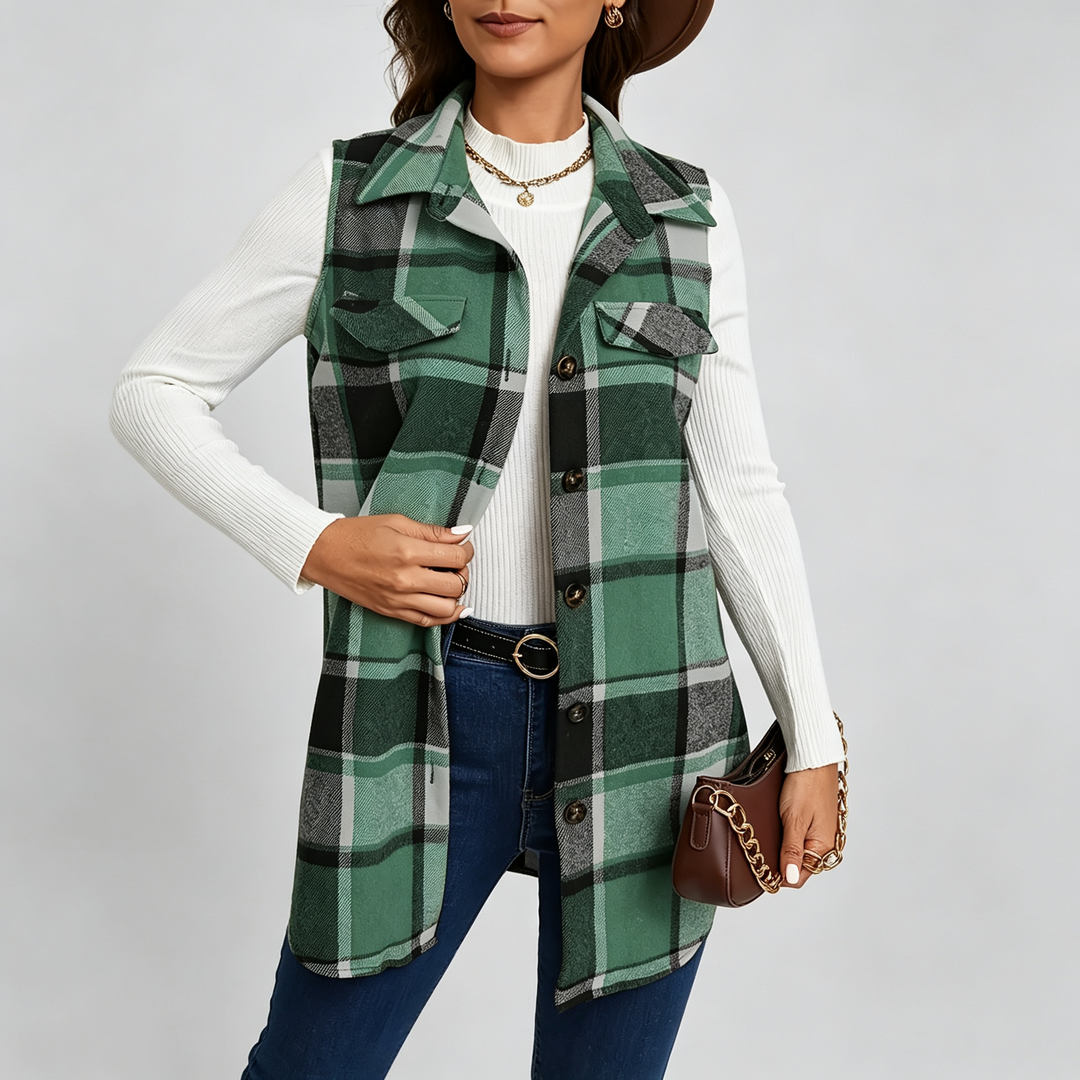 The Elara Plaid Button-Front Long Vest