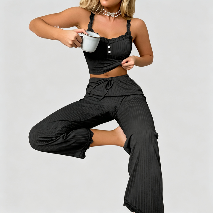 The Elara Lace Trim Ribbed Lounge Set
