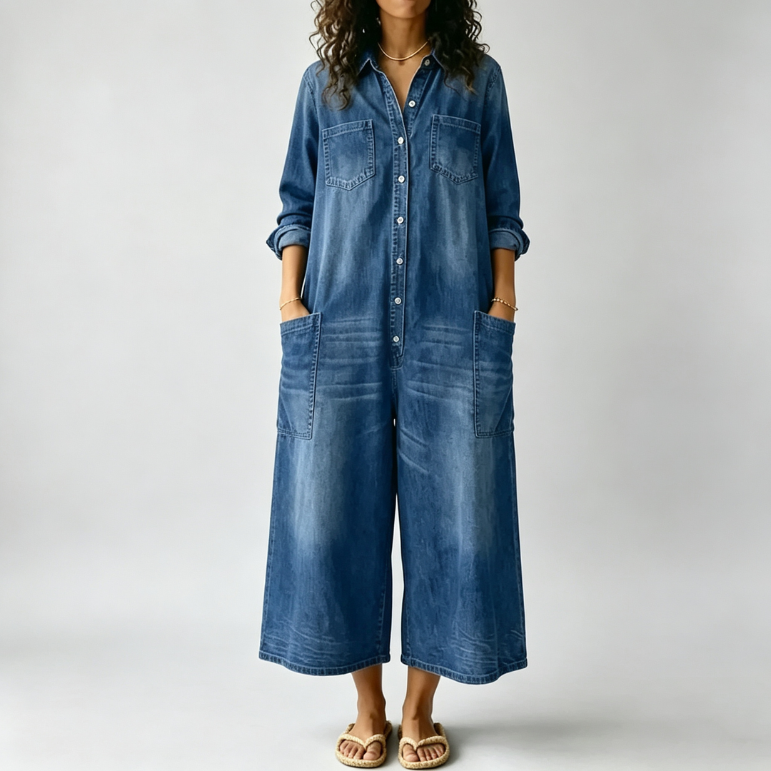 The Elara Relaxed Denim-Wash Wide-Leg Jumpsuit