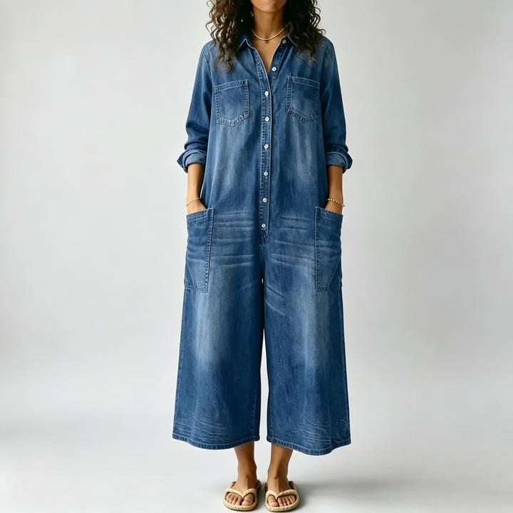 The Elara Relaxed Denim-Wash Wide-Leg Jumpsuit
