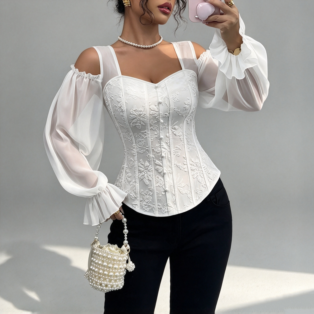 The Elara Jacquard Cold-Shoulder Corset Top
