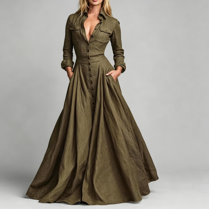 The Elara Button-Front Shirt Maxi Dress