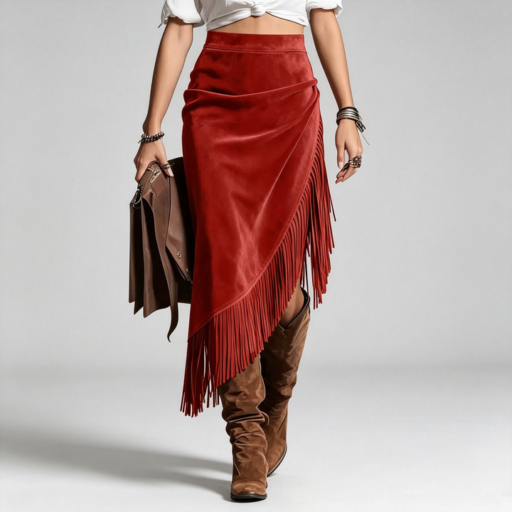 The Elara Western Fringe Faux Suede Midi Skirt