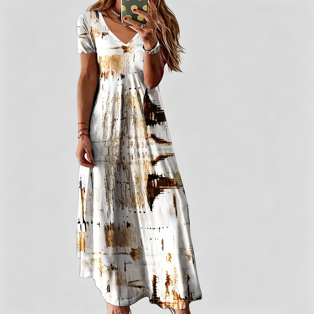 The Elara Abstract Brushstroke V-Neck Maxi Dress