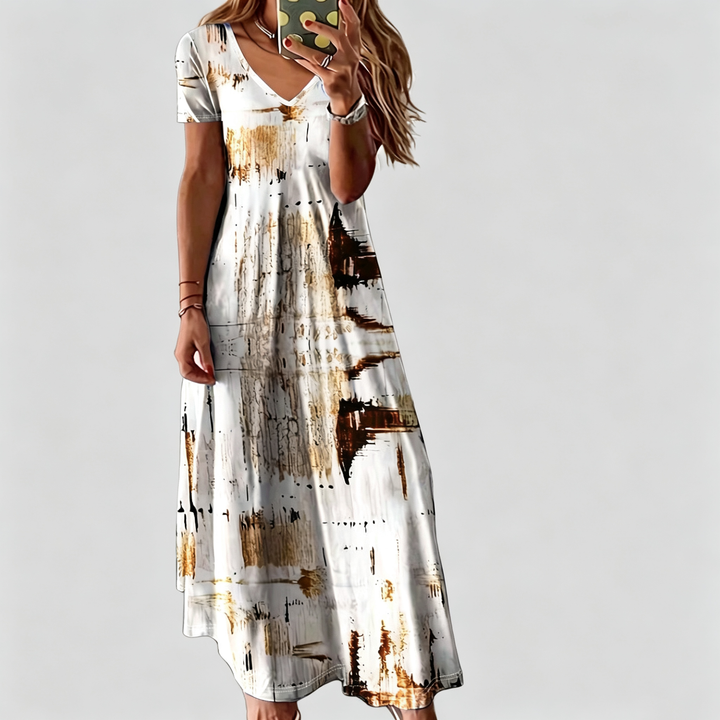 The Elara Abstract Brushstroke V-Neck Maxi Dress