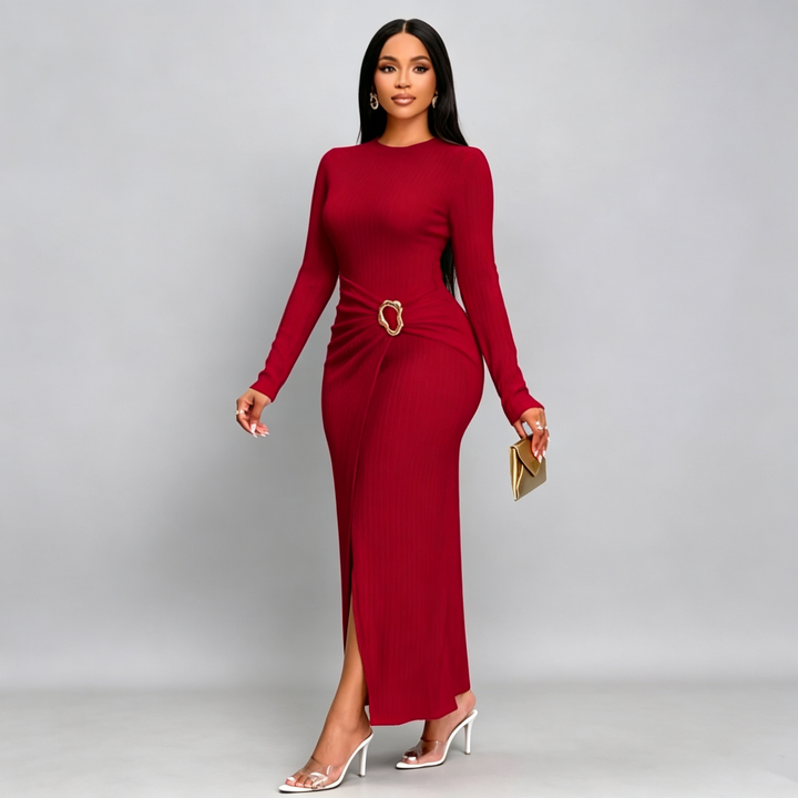 The Elara Buckle Ruched Long Sleeve Maxi Dress