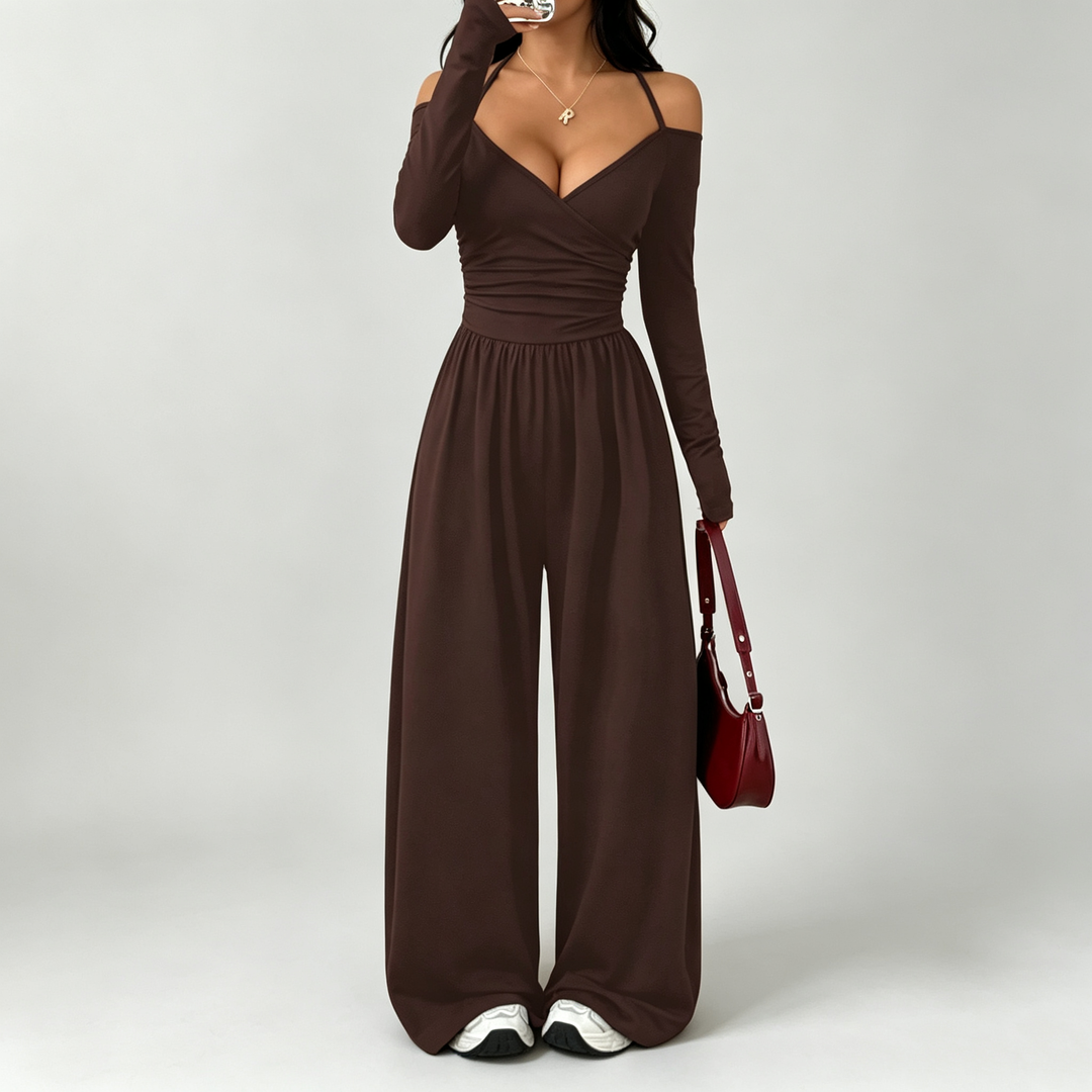The Elara Off Shoulder Wrap Wide Leg Jumpsuit