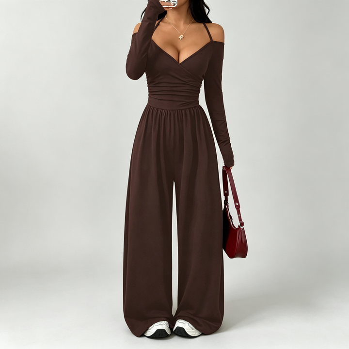 The Elara Off Shoulder Wrap Wide Leg Jumpsuit