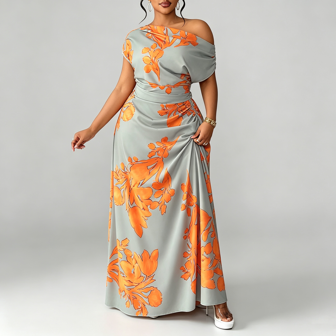 The Elara Asymmetrical Floral Draped Maxi Dress
