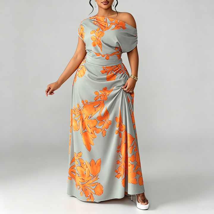 The Elara Asymmetrical Floral Draped Maxi Dress
