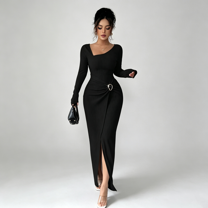 The Elara Asymmetric Buckle Wrap Maxi Dress