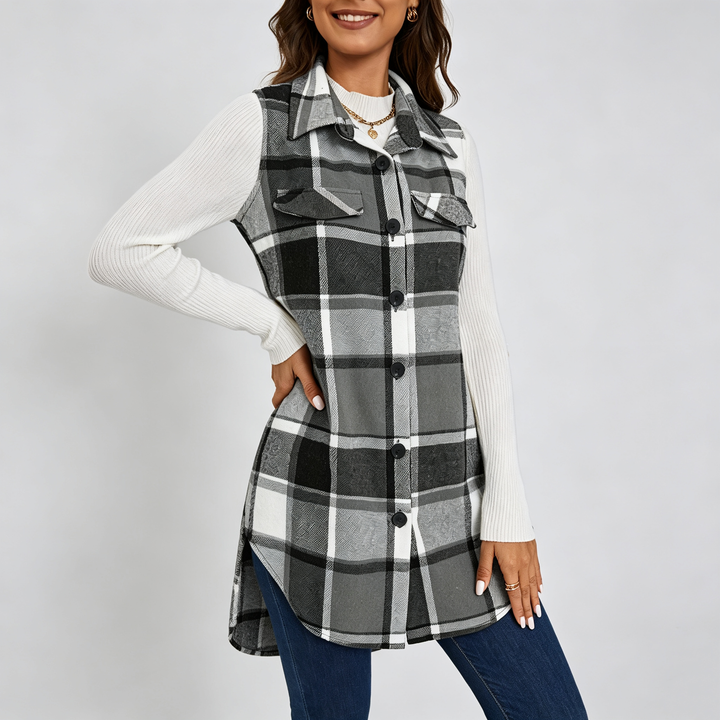 The Elara Plaid Button-Front Long Vest