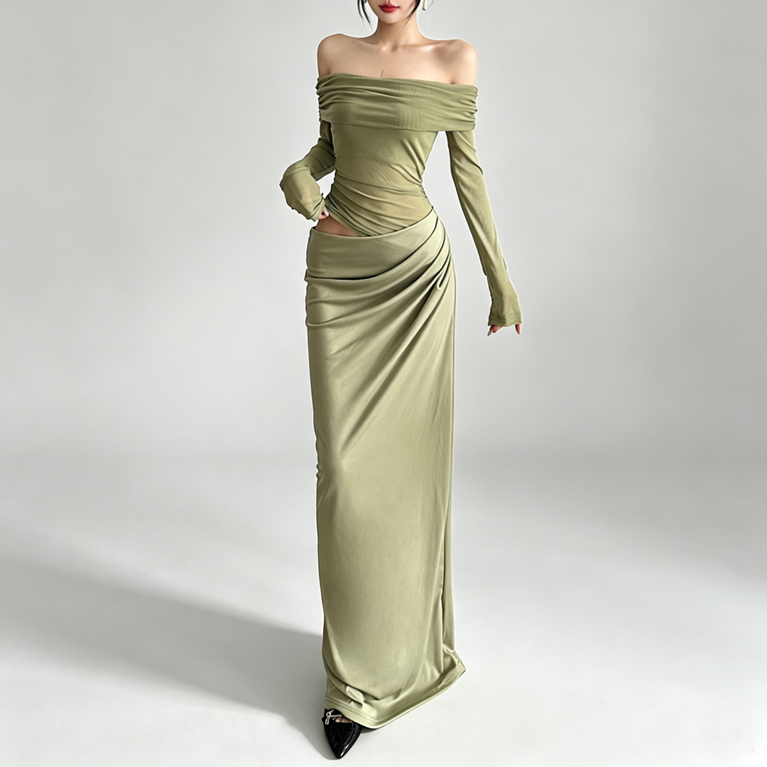 The Elara Off-Shoulder Mesh Maxi