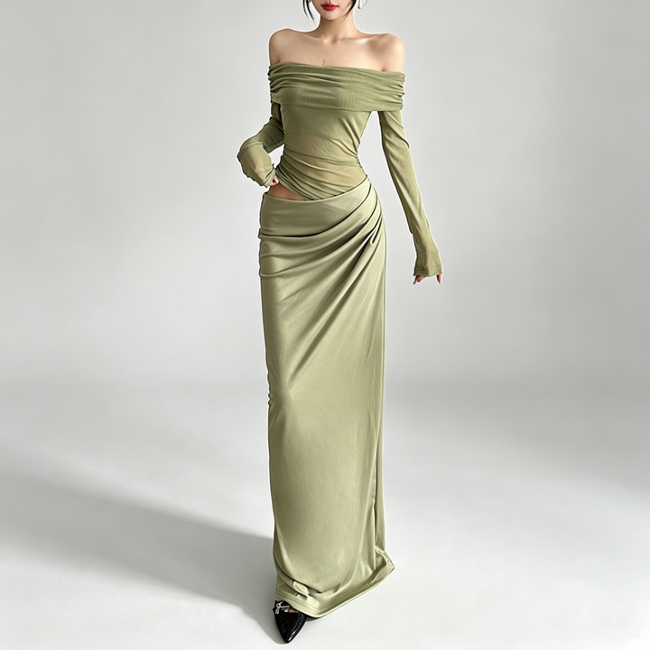 The Elara Off-Shoulder Mesh Maxi