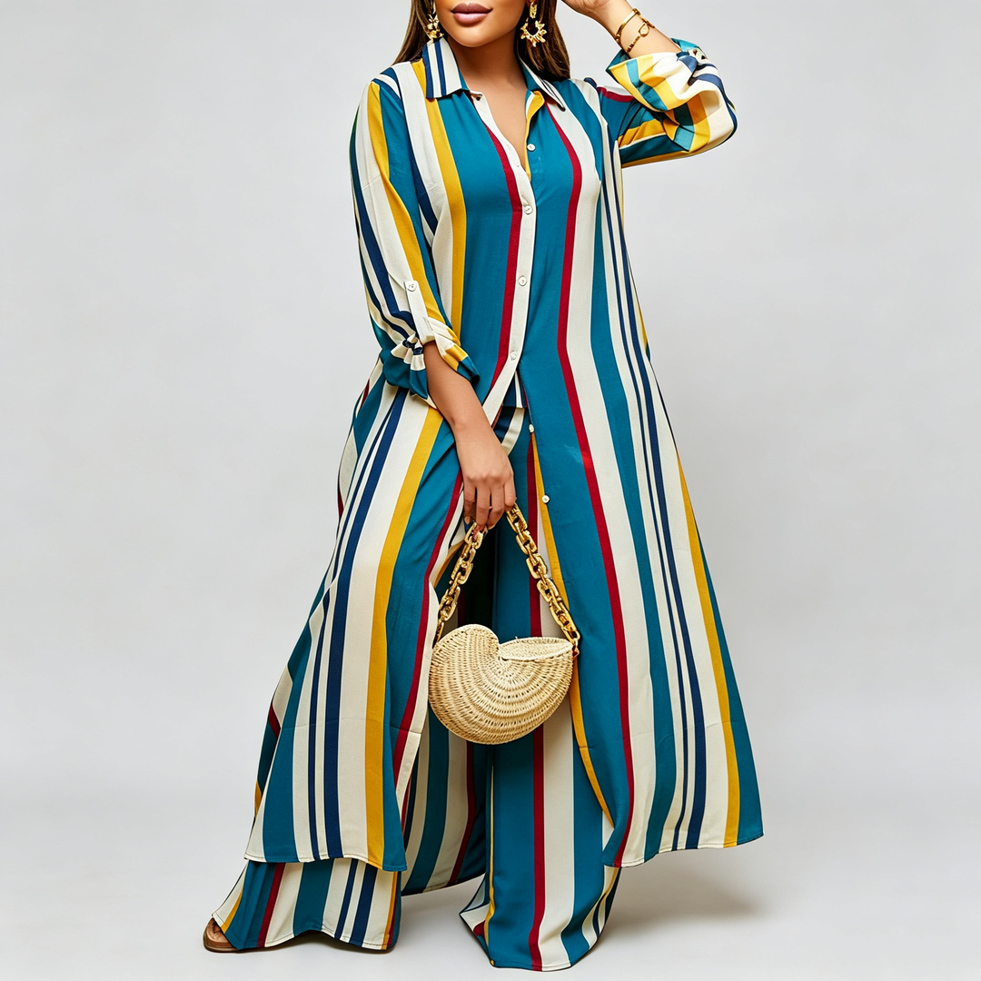 The Elara Plus Striped Shirt Wide-Leg Set