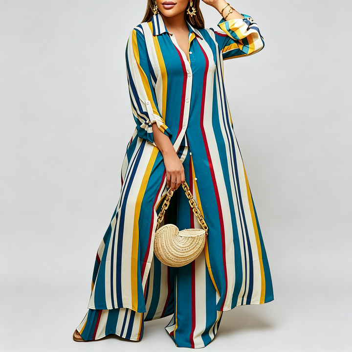 The Elara Plus Striped Shirt Wide-Leg Set
