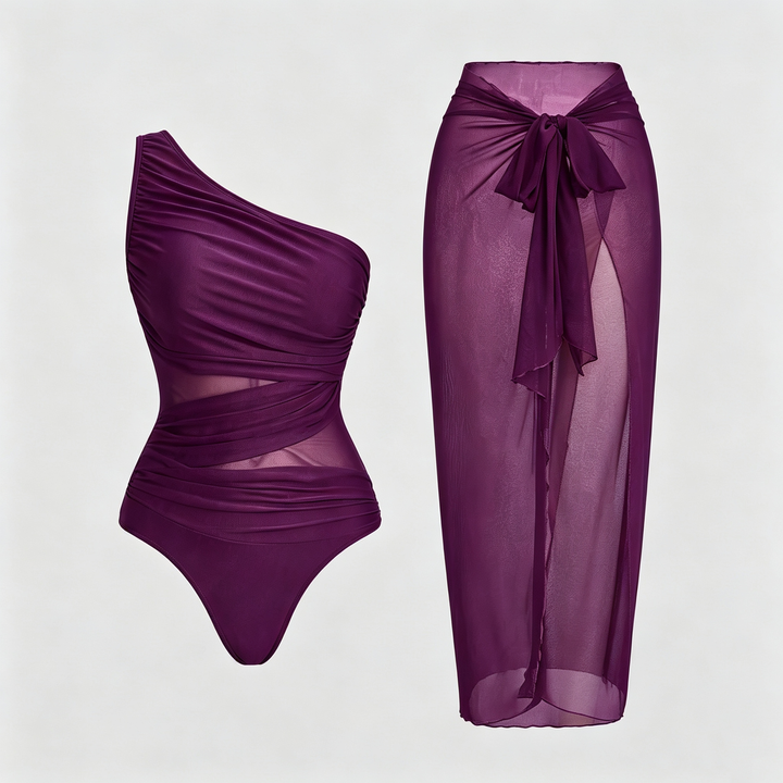 The Elara One-Shoulder Mesh Sarong Swimsuit Set