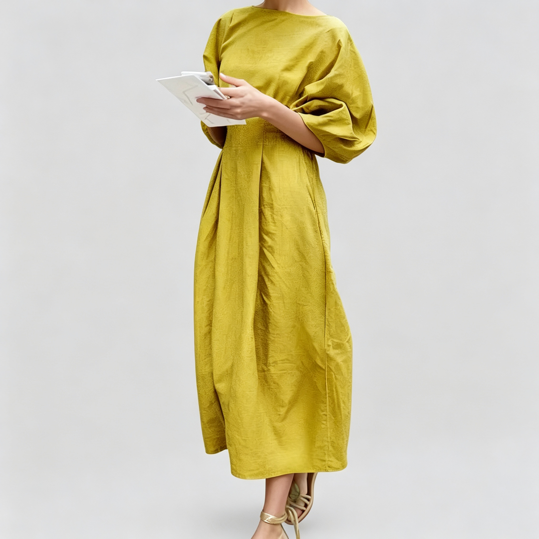 The Elara Lantern Sleeve Linen Blend Midi Dress