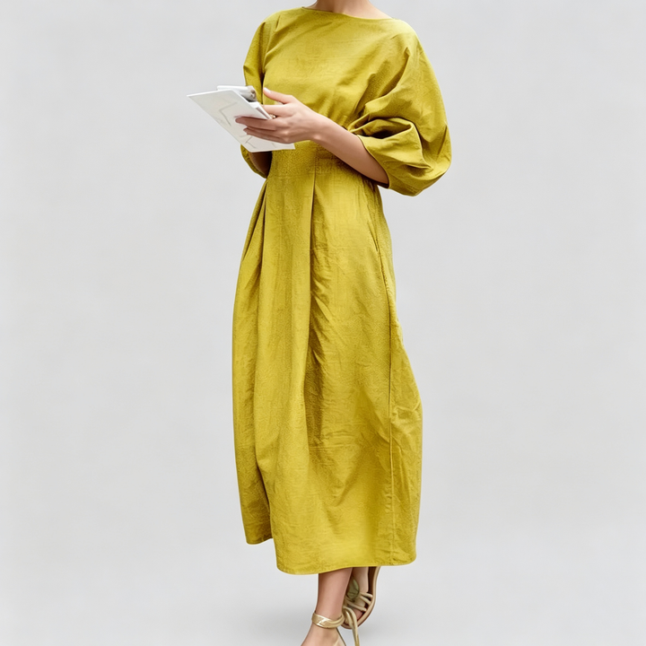 The Elara Lantern Sleeve Linen Blend Midi Dress