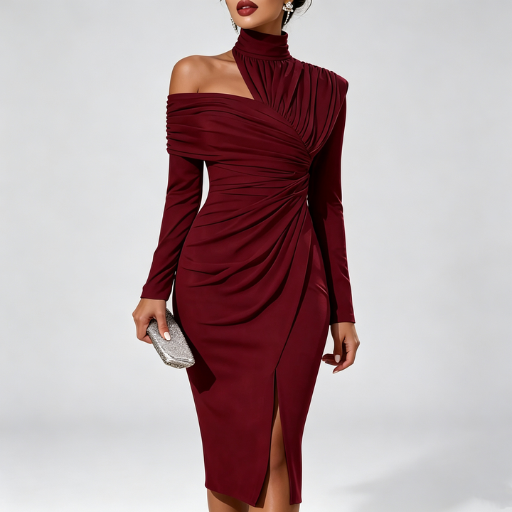 The Elara Asymmetric Ruched Midi Dress