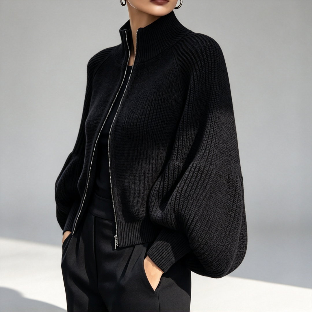 The Elara Balloon-Sleeve Zip Knit Cardigan