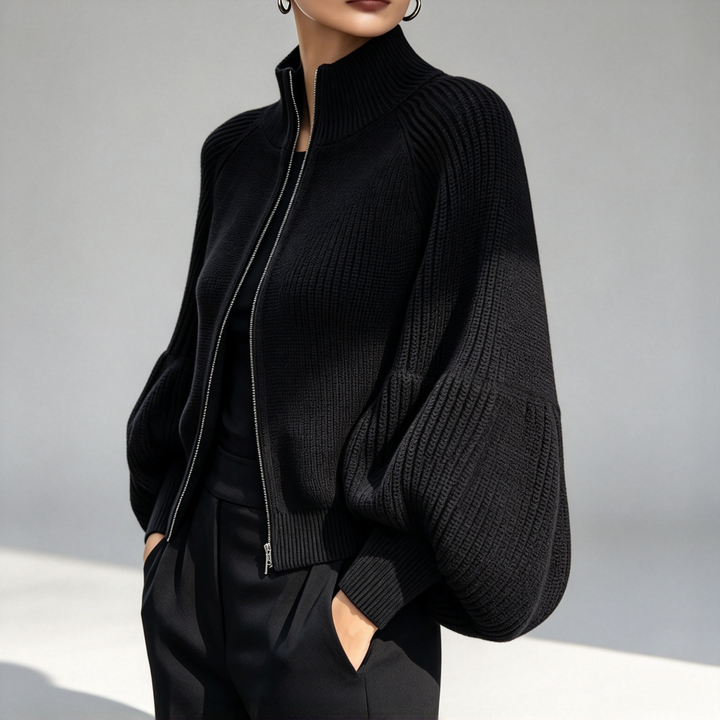 The Elara Balloon-Sleeve Zip Knit Cardigan