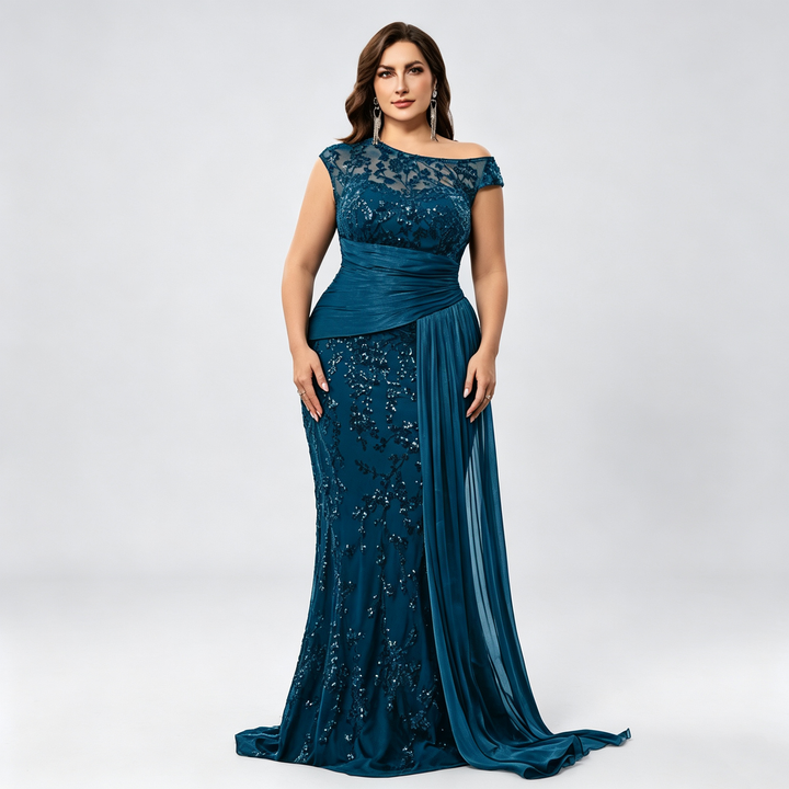 The Elara Asymmetric Sequin Draped Evening Gown