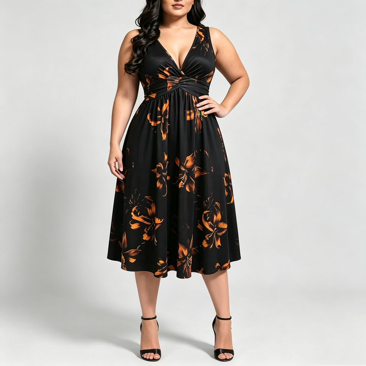 The Elara Wild Bloom V-Neck Midi Dress