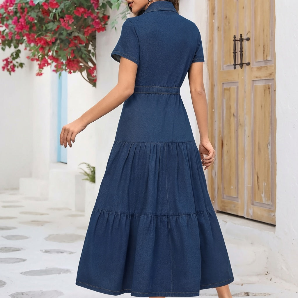 The Elara Button-Down Denim Midi Dress
