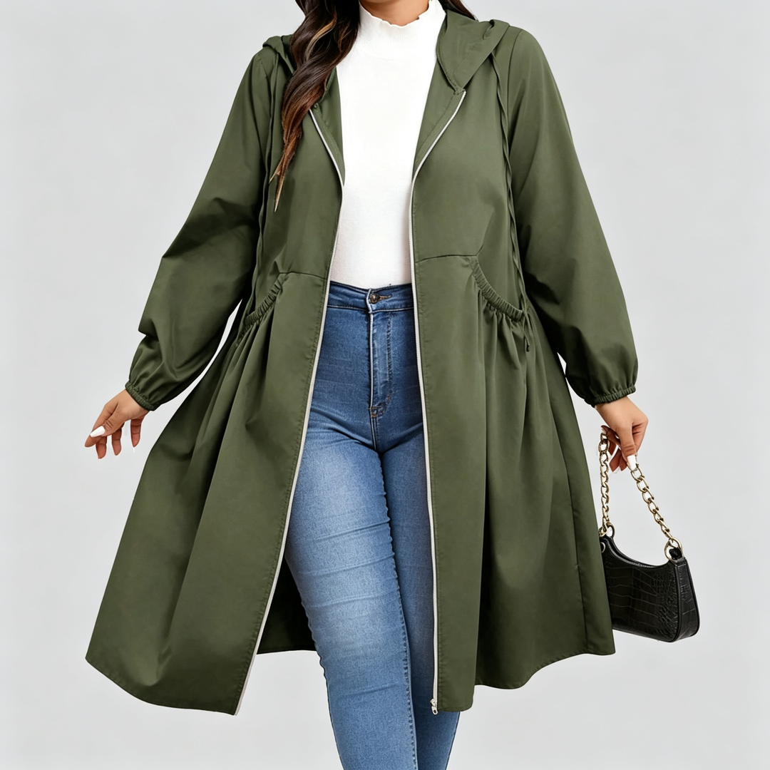 The Elara Curve Cinch Hooded Windbreaker Coat