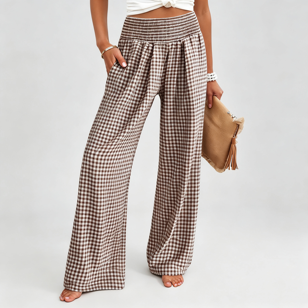 The Elara Gingham Smocked Wide Leg Pants
