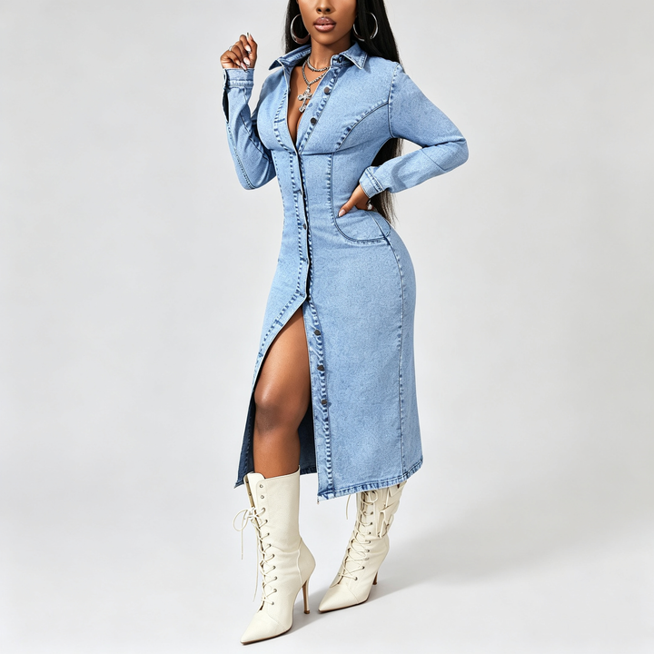 The Elara Button-Front Denim Maxi Dress