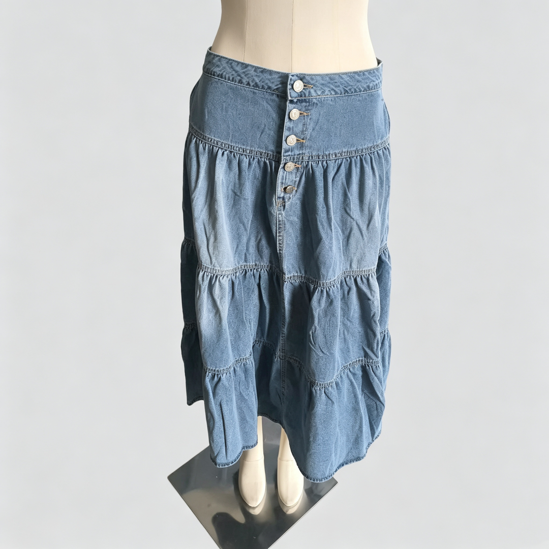 The Elara Tiered Denim Maxi Skirt