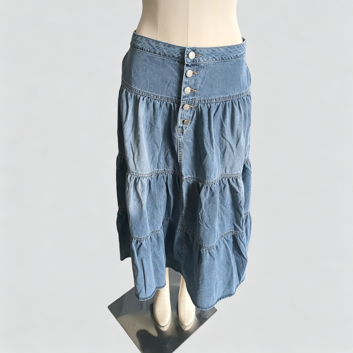 The Elara Tiered Denim Maxi Skirt