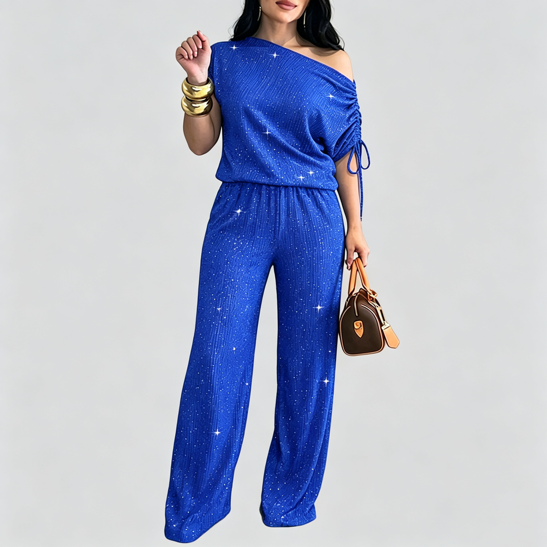 The Elara Sparkle Ruched One Shoulder Wide Leg Set