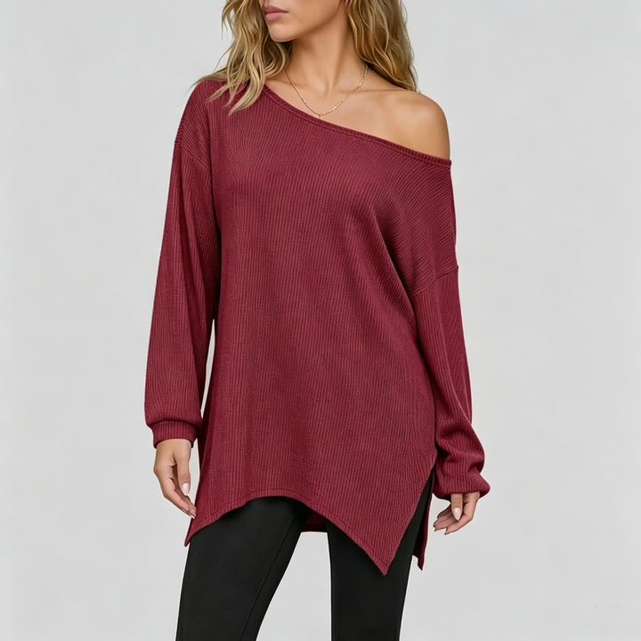 The Elara Asymmetric Off-Shoulder Ribbed Tunic