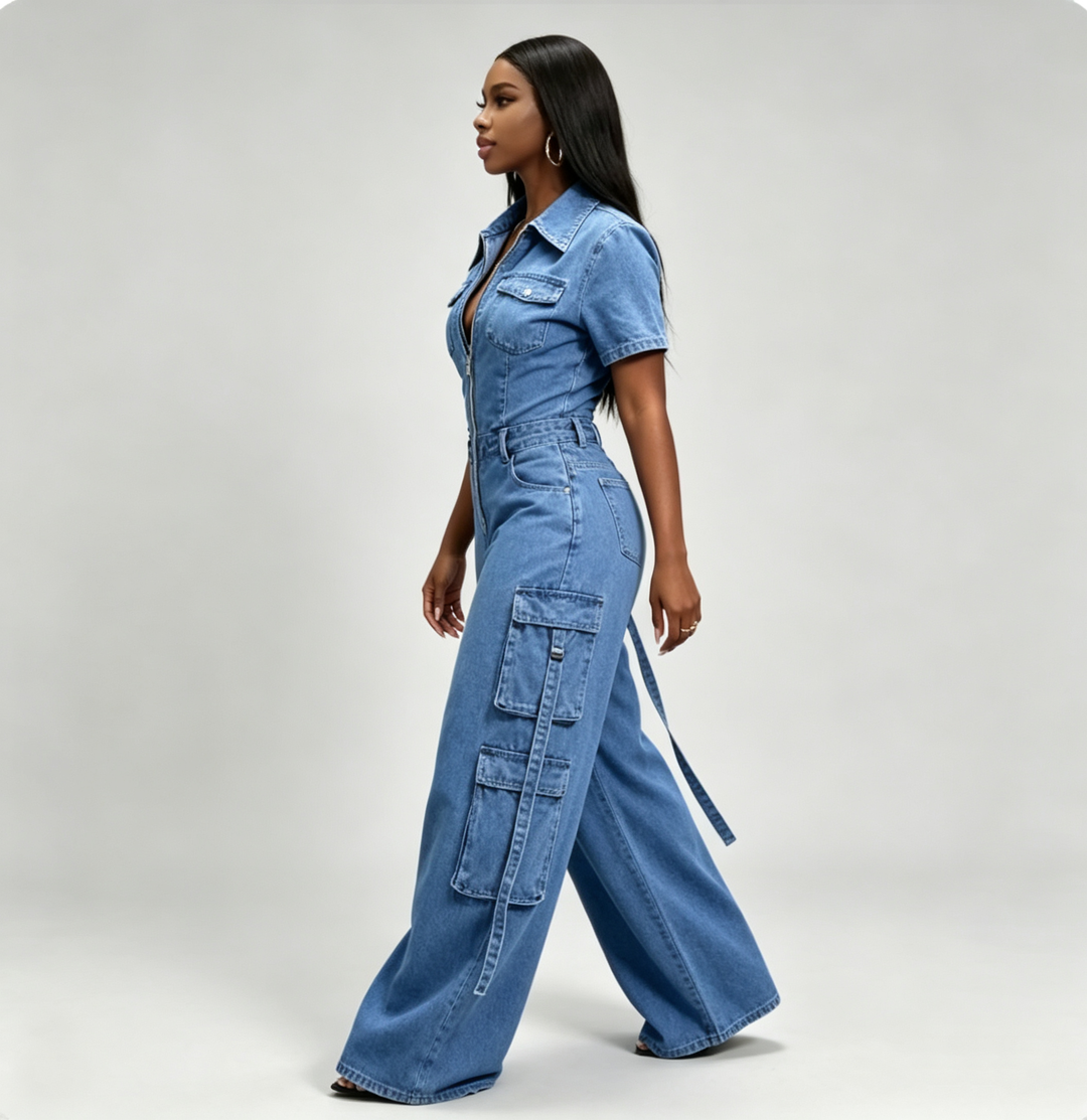 The Elara Utility Denim Wide-Leg Jumpsuit