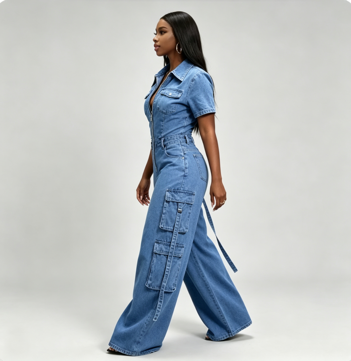 The Elara Utility Denim Wide-Leg Jumpsuit