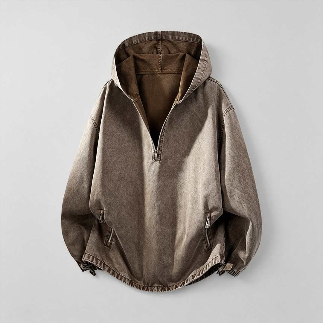 The Elara Washed Denim Half-Zip Hooded Jacket