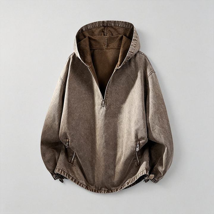 The Elara Washed Denim Half-Zip Hooded Jacket