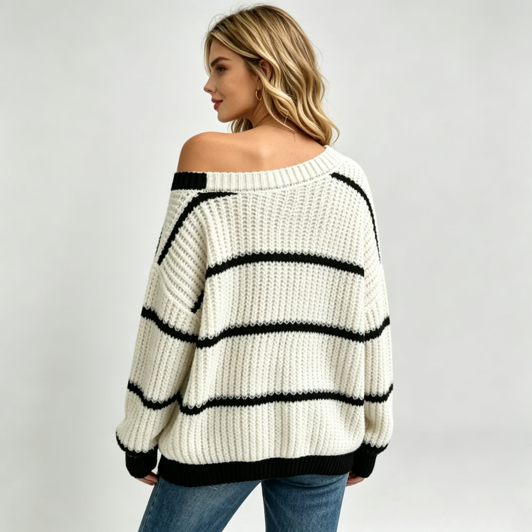 The Elara Asymmetrical Stripe Knit Sweater