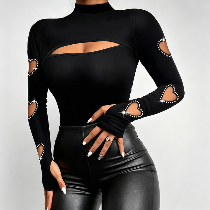 The Elara Rhinestone Heart Cutout Top