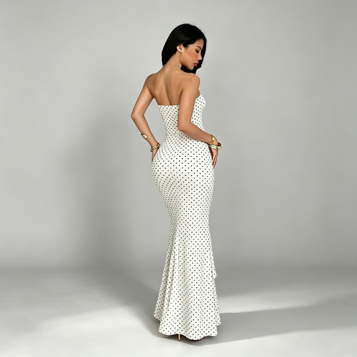 The Elara Polka-Dot Bow Strapless Maxi Dress