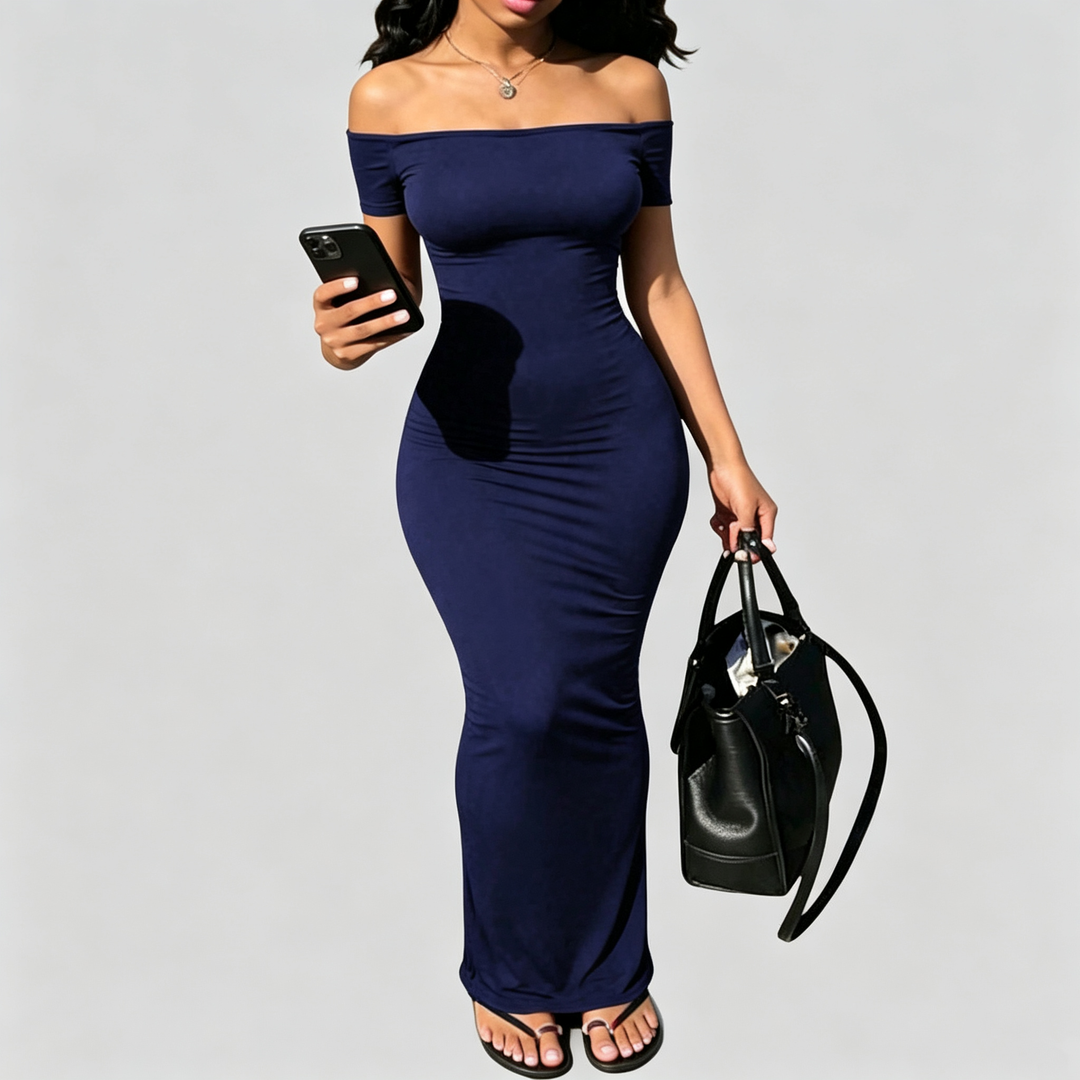 The Elara Off-Shoulder Sculpt Maxi Dress